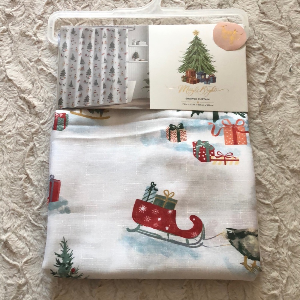 Christmas Sleigh Shower Curtain - White with Red & Green Holiday Print